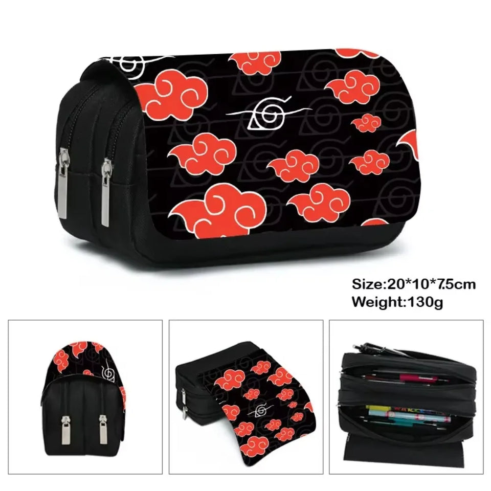 Anime Ninja Large Capacity Pencil Case - Double Zipper Canvas Pen Pouch Bag with Akatsuki Cloud & Shinobi Print - Back to School Stationeries Organizer & Cosmetic Travel Pouch for Students & Anime Fans