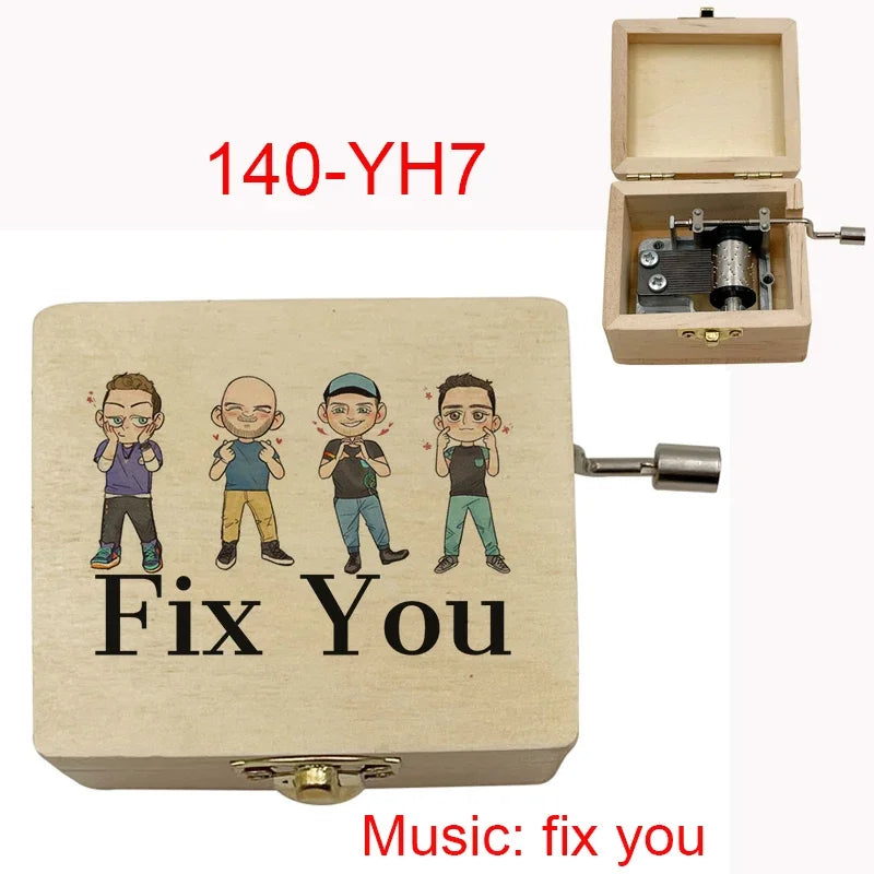 Classic Alternative Rock Hand-Crank Wooden Music Box - Fix You Laser Engraved Vintage Musical Toy - Retro Band Silhouette & Quote Lyric Musicbox - Nostalgic Music Lover Gift for Birthday & Desk Display