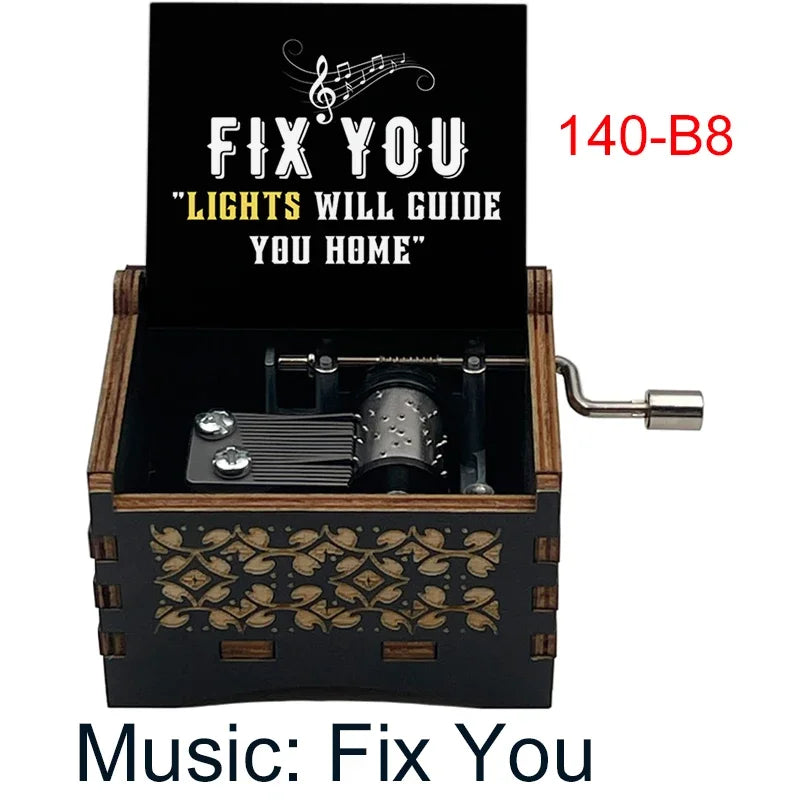 Classic Alternative Rock Hand-Crank Wooden Music Box - Fix You Laser Engraved Vintage Musical Toy - Retro Band Silhouette & Quote Lyric Musicbox - Nostalgic Music Lover Gift for Birthday & Desk Display