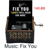 Classic Alternative Rock Hand-Crank Wooden Music Box - Fix You Laser Engraved Vintage Musical Toy - Retro Band Silhouette & Quote Lyric Musicbox - Nostalgic Music Lover Gift for Birthday & Desk Display