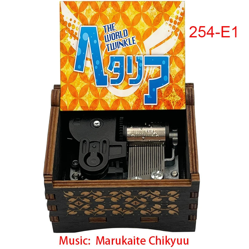 Anime Axis Powers Wooden Music Box - Vintage Hand-Crank Engraved Wooden Musical Toy - Retro Axis & Allies Character Art Print Musicbox - Collectible Nostalgic Fan Gift for Birthday & Room Display