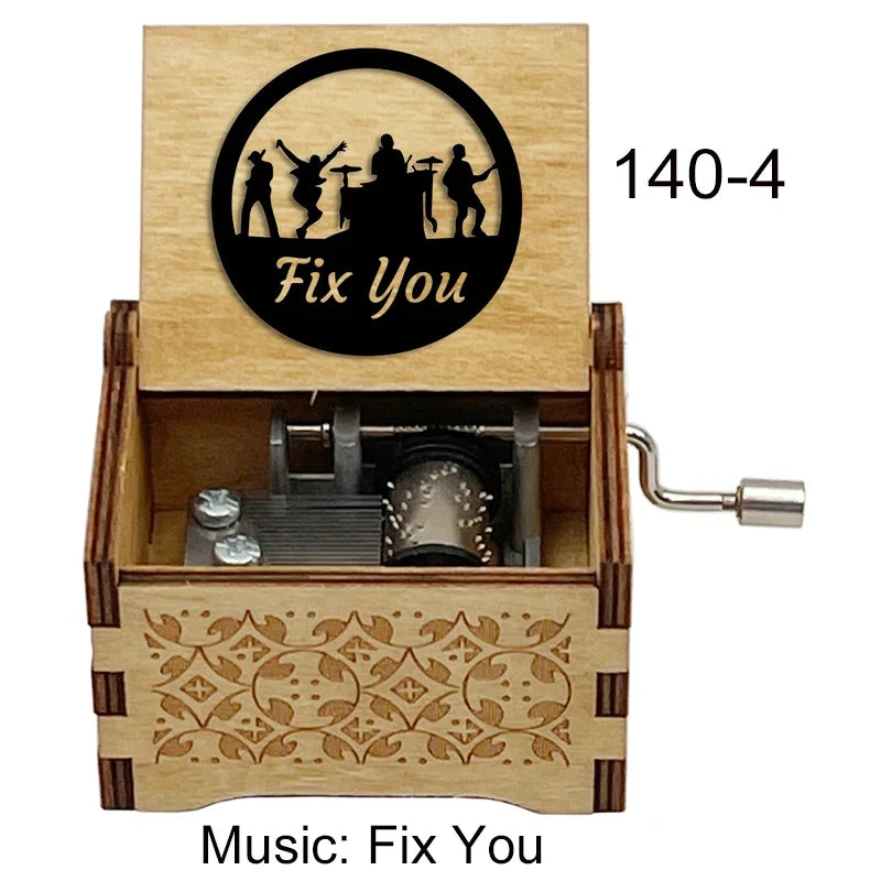 Classic Alternative Rock Hand-Crank Wooden Music Box - Fix You Laser Engraved Vintage Musical Toy - Retro Band Silhouette & Quote Lyric Musicbox - Nostalgic Music Lover Gift for Birthday & Desk Display