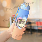Cute Anime Forest Spirit Water Bottle - Premium Frosted Pastel Gradient Leakproof Drinkware - Kawaii Fantastic Creatures Flip-Top Sport Flask with Strap - Aesthetic Manga Fan Gift for School, Gym & Travel