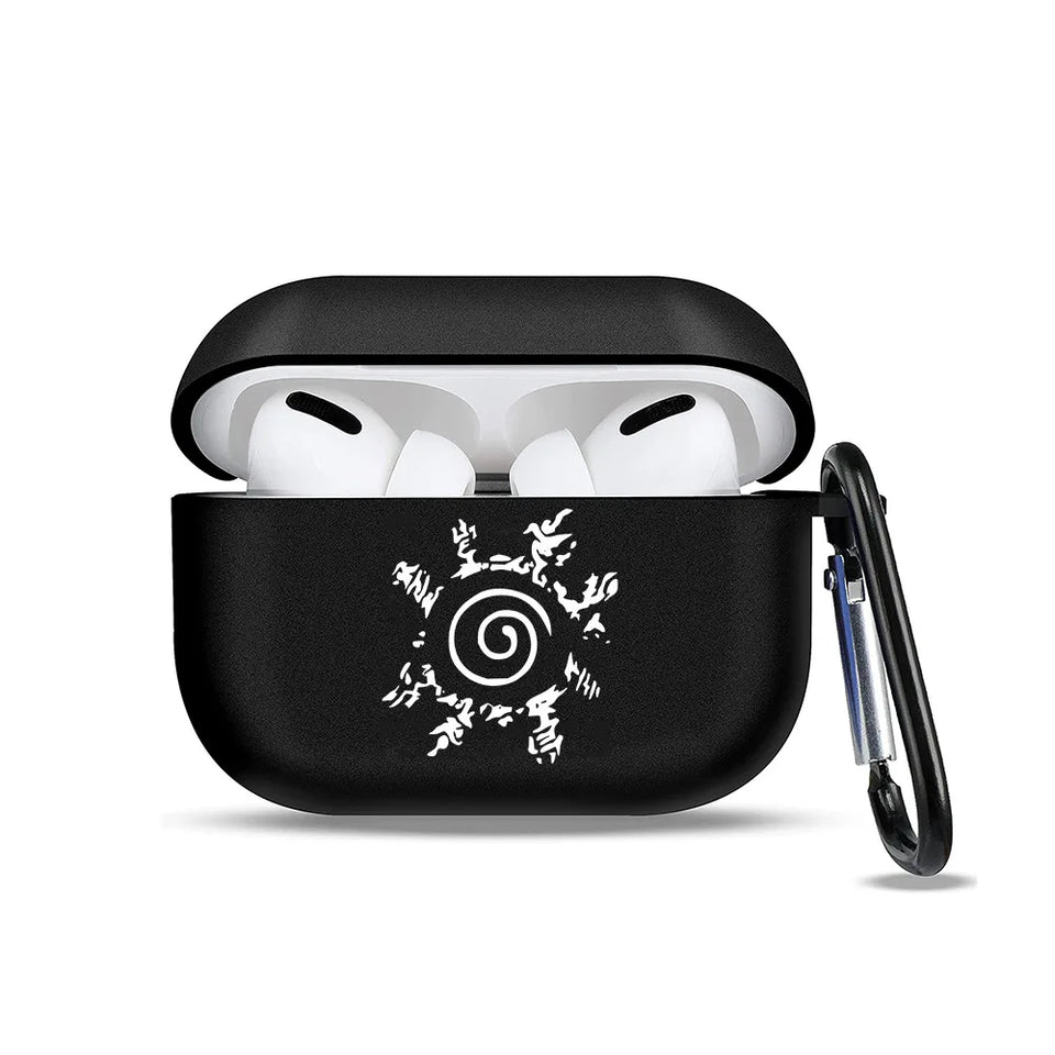 Anime Ninja Protective Silicone Case Cover for AirPods Pro / 1 & 2 / 3 - Shockproof Earphone Case with Carabiner Clip Featuring Akatsuki Cloud, Uchiha Crest & Rinnegan Seals - Gift for Anime Fans & Gamers