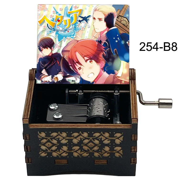 Anime Axis Powers Wooden Music Box - Vintage Hand-Crank Engraved Wooden Musical Toy - Retro Axis & Allies Character Art Print Musicbox - Collectible Nostalgic Fan Gift for Birthday & Room Display