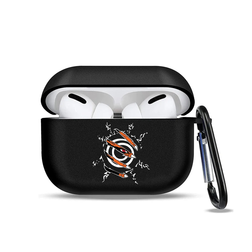 Anime Ninja Protective Silicone Case Cover for AirPods Pro / 1 & 2 / 3 - Shockproof Earphone Case with Carabiner Clip Featuring Akatsuki Cloud, Uchiha Crest & Rinnegan Seals - Gift for Anime Fans & Gamers