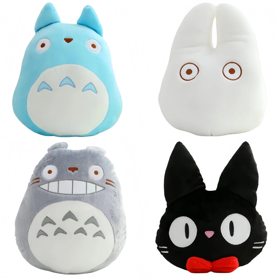Cute Anime Forest Spirit Plush Cushion - Kawaii Magical Grey & Blue Spirit Pillow - Retro Black Cat Stuffed Animal Doll - Nostalgic Manga Fan Gift for Bed, Couch & Gaming Room Decor