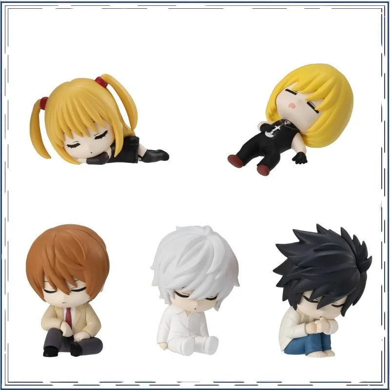 Anime Sleeping Chibi Figure Set - Cute Mini L Lawliet, Light Yagami, Misa Amane & Near Sleeping Statue - Kawaii Desktop PVC Model Toy Collection - Cool Otaku Gift for Bedroom Display