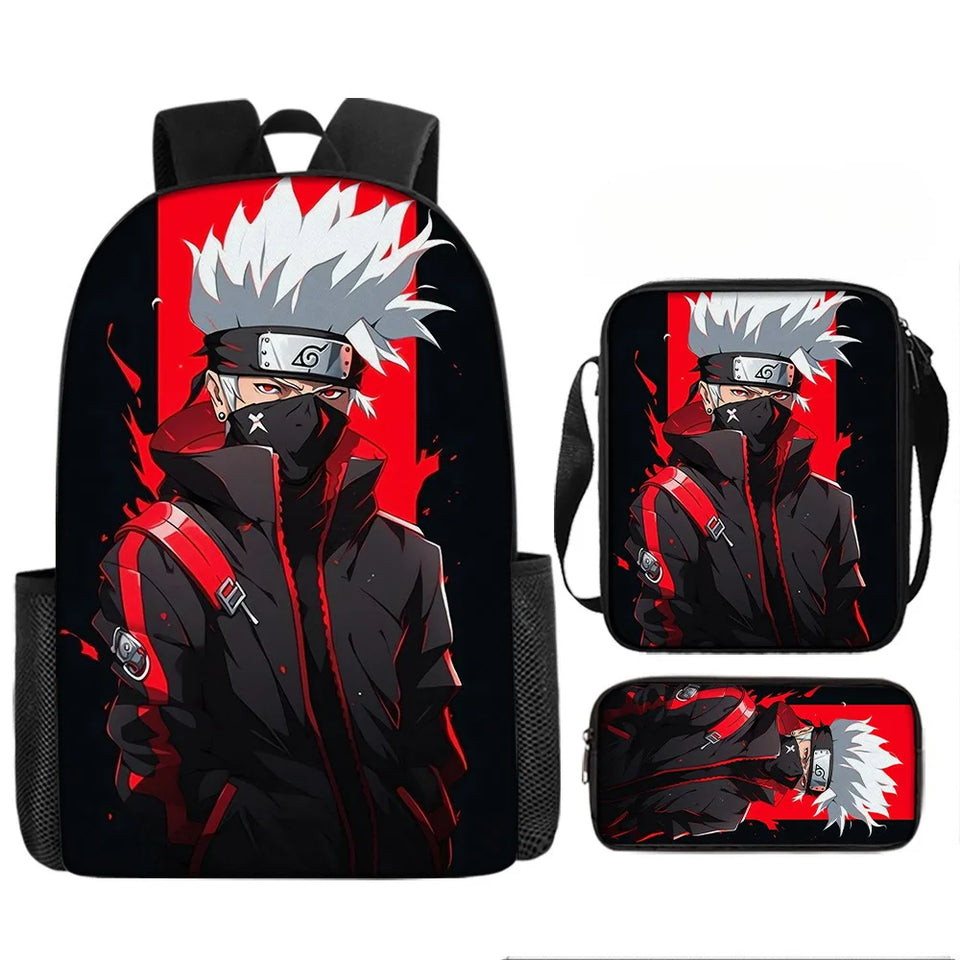 Naruto Tactical Ninja Graphic 3-Piece Backpack Set - Anime Laptop Bookbag with Matching Crossbody Lunch Bag & Pencil Case - 3-in-1 School Set for Students & Anime Fans