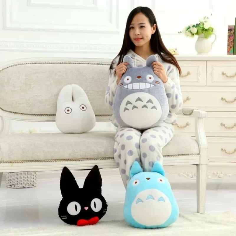 Cute Anime Forest Spirit Plush Cushion - Kawaii Magical Grey & Blue Spirit Pillow - Retro Black Cat Stuffed Animal Doll - Nostalgic Manga Fan Gift for Bed, Couch & Gaming Room Decor
