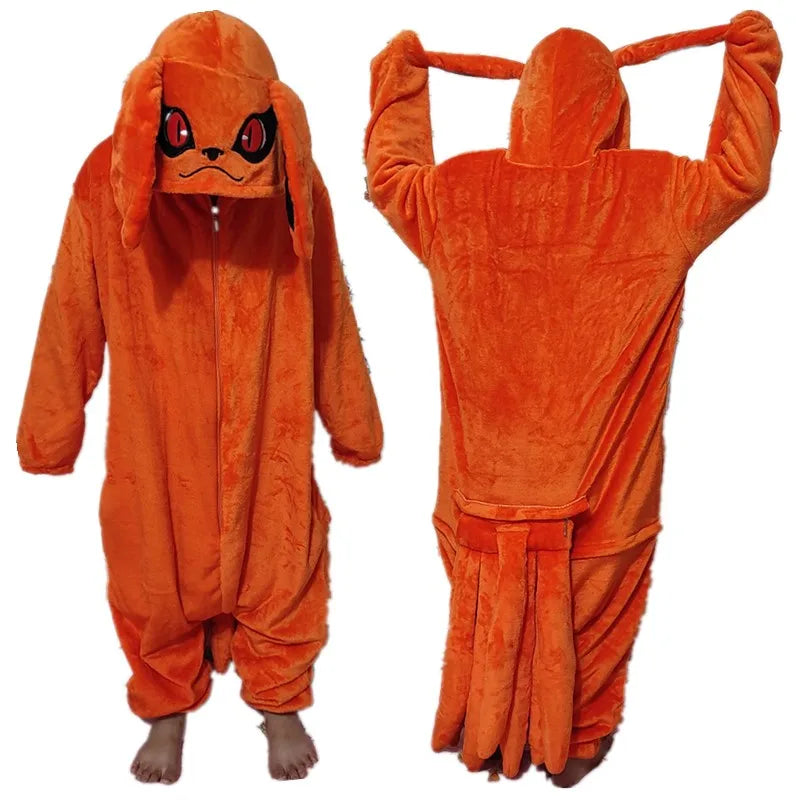 Naruto Kurama Nine-Tails Plush Kigurumi Onesie - Ultra-Soft Fleece Anime Pajamas with Hood & Tails - Unisex Cosplay Jumpsuit for Loungewear, Conventions & Halloween