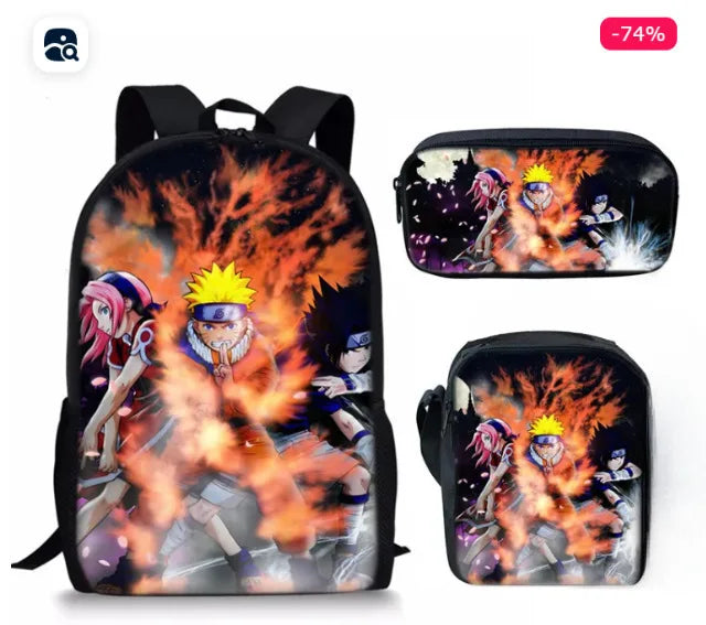 Naruto Tactical Ninja Graphic 3-Piece Backpack Set - Anime Laptop Bookbag with Matching Crossbody Lunch Bag & Pencil Case - 3-in-1 School Set for Students & Anime Fans