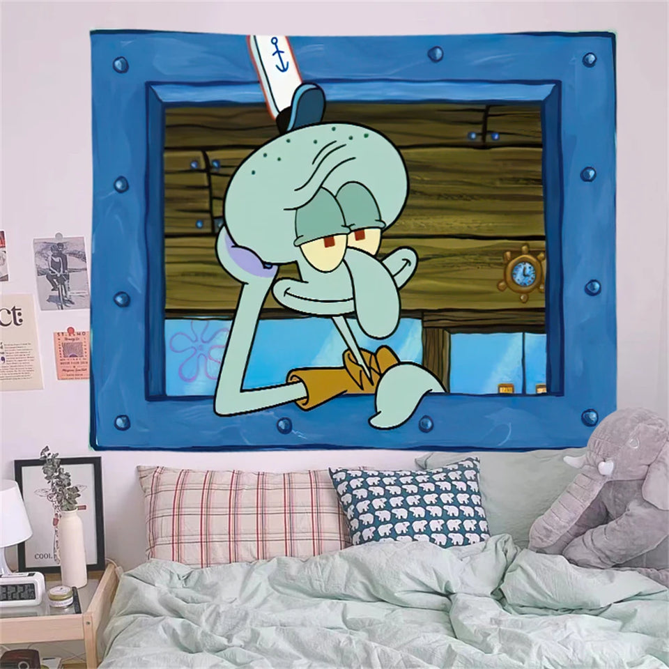 Squidward Looking Out Window Wall Tapestry - Iconic SpongeBob Meme Home Decor - Premium Fabric Bedroom Hanging - Funny Bikini Bottom Aesthetic Art for Game Rooms & Dorms