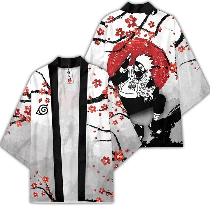 Anime Kimono Haori Cardigan Cloak - Akatsuki Red Cloud Printing Open Front Robe - Gaara Jiraiya Uchiha Unisex Graphic Yukata Jacket - Casual Streetwear Ninja Cosplay Cape Outwear
