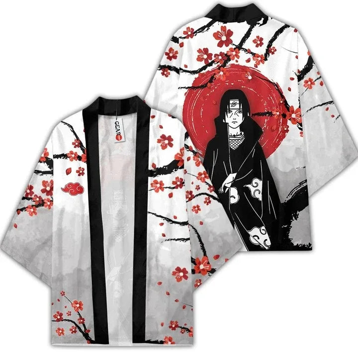 Anime Kimono Haori Cardigan Cloak - Akatsuki Red Cloud Printing Open Front Robe - Gaara Jiraiya Uchiha Unisex Graphic Yukata Jacket - Casual Streetwear Ninja Cosplay Cape Outwear