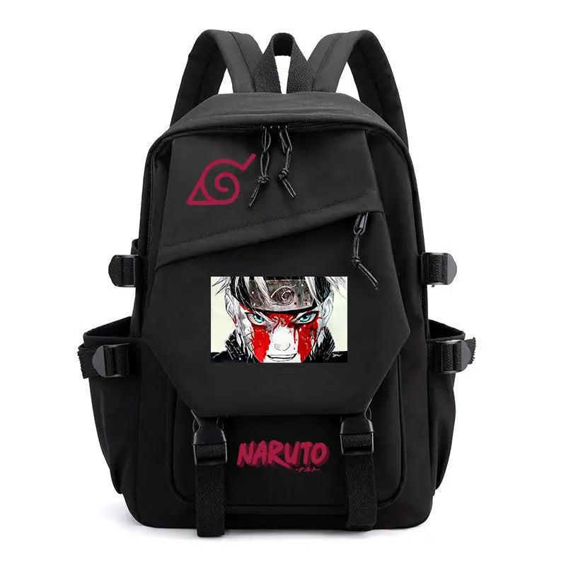 Anime Tactical Buckle Canvas Backpack - Leaf Village & Anbu Mask Graphic School Bookbag with Laptop Sleeve - Aesthetic Multi-Pocket Travel Rucksack for Students & Anime Fans