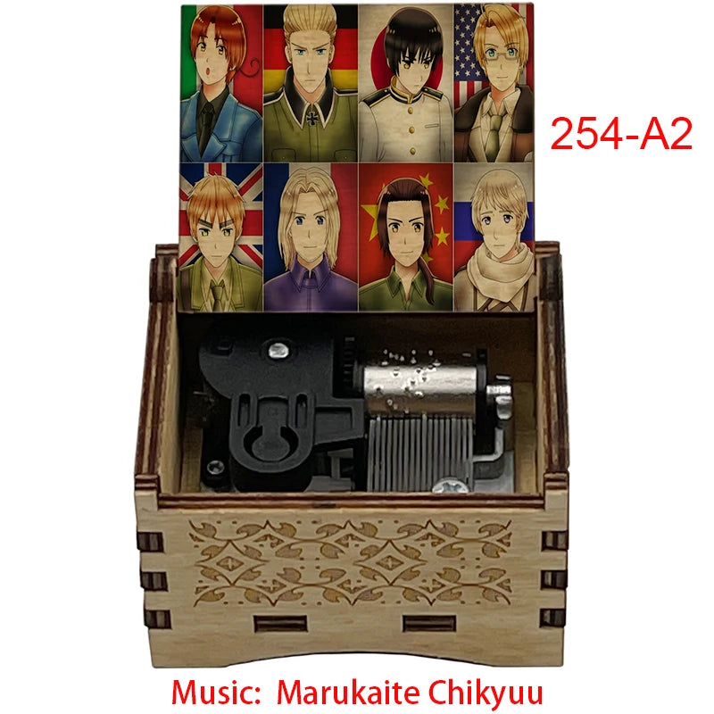 Anime Axis Powers Wooden Music Box - Vintage Hand-Crank Engraved Wooden Musical Toy - Retro Axis & Allies Character Art Print Musicbox - Collectible Nostalgic Fan Gift for Birthday & Room Display