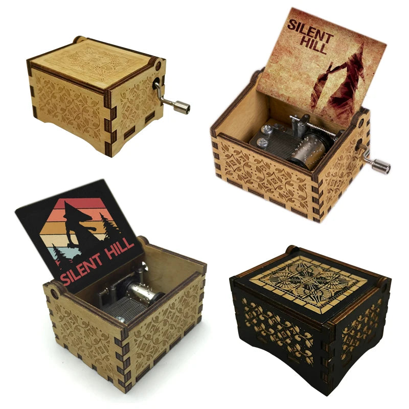 Silent Hill Hand-Crank Wooden Music Box - "Promise (Reprise)" Theme - Pyramid Head Laser-Engraved Keepsake - Gothic Horror Gaming Collectible - Psychological Horror Movie Merchandise