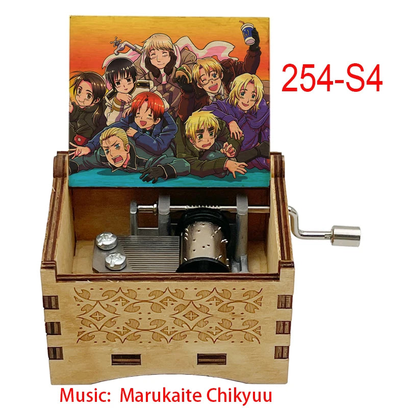 Anime Axis Powers Wooden Music Box - Vintage Hand-Crank Engraved Wooden Musical Toy - Retro Axis & Allies Character Art Print Musicbox - Collectible Nostalgic Fan Gift for Birthday & Room Display