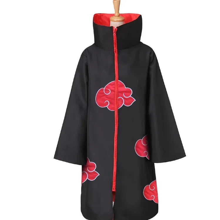 Akatsuki Uchiha Itachi Cloak Set - Naruto Cosplay Long Black Robe with Embroidered Red Clouds - Complete Ninja Outfit Costume with Headband, Ring & Accessories - Kids & Adults Halloween Carnival Cape