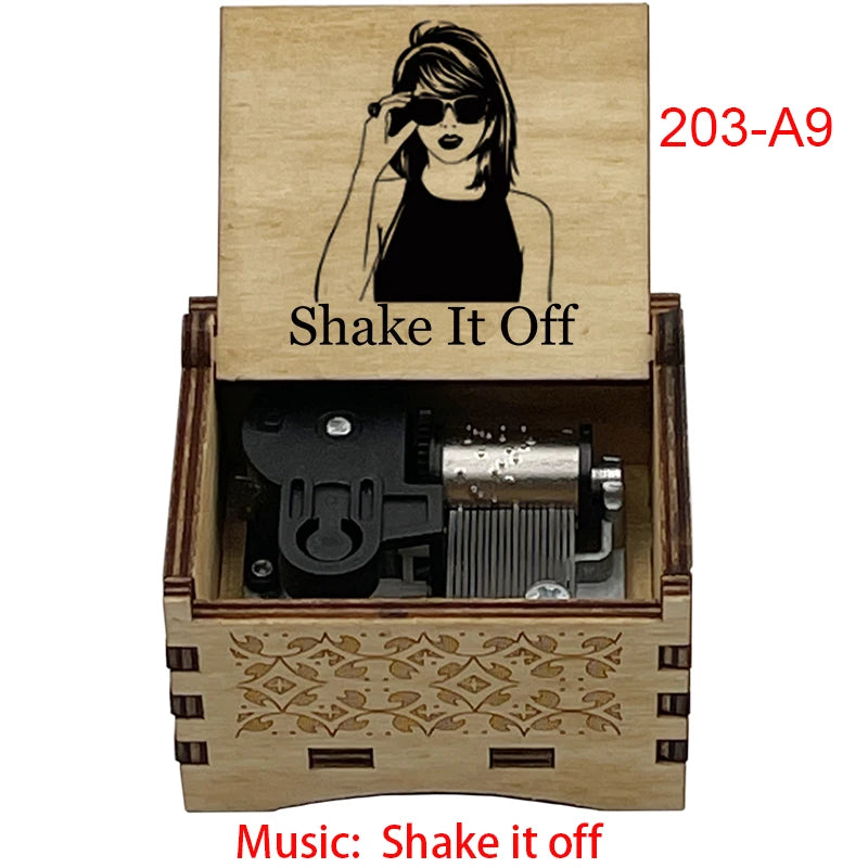 "Shake It Off" Hand-Crank Wooden Music Box - Taylor Swift Inspired Fan Souvenir - Laser-Engraved Pop Icon Silhouette & Lyric - Unique Musical Keepsake Gift