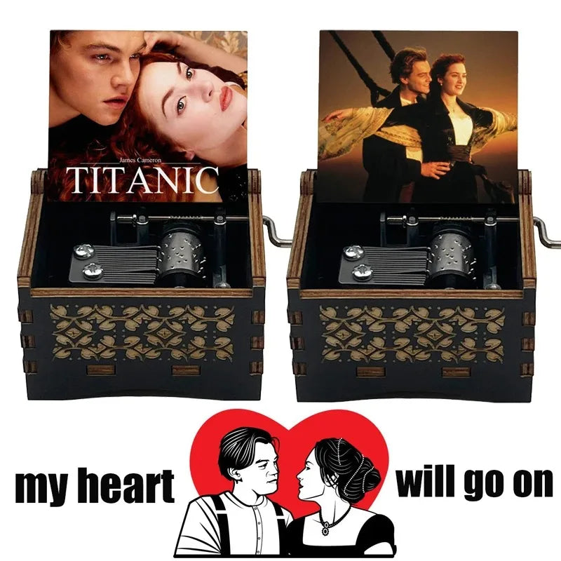 Titanic "My Heart Will Go On" Hand-Crank Wooden Music Box - Laser-Engraved Jack & Rose Movie Scene - Romantic Anniversary & Valentine's Day Gift - Vintage Musical Keepsake for Movie Lovers
