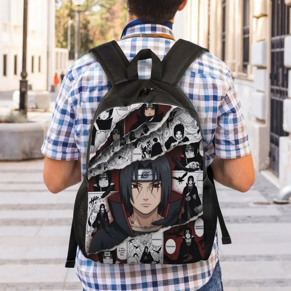 Itachi Uchiha Manga Collage Backpack - Anime Torn Graphic School Bookbag with Sharingan Eyes - Durable Canvas Laptop Daypack for Anime Fans, Students & Cosplay