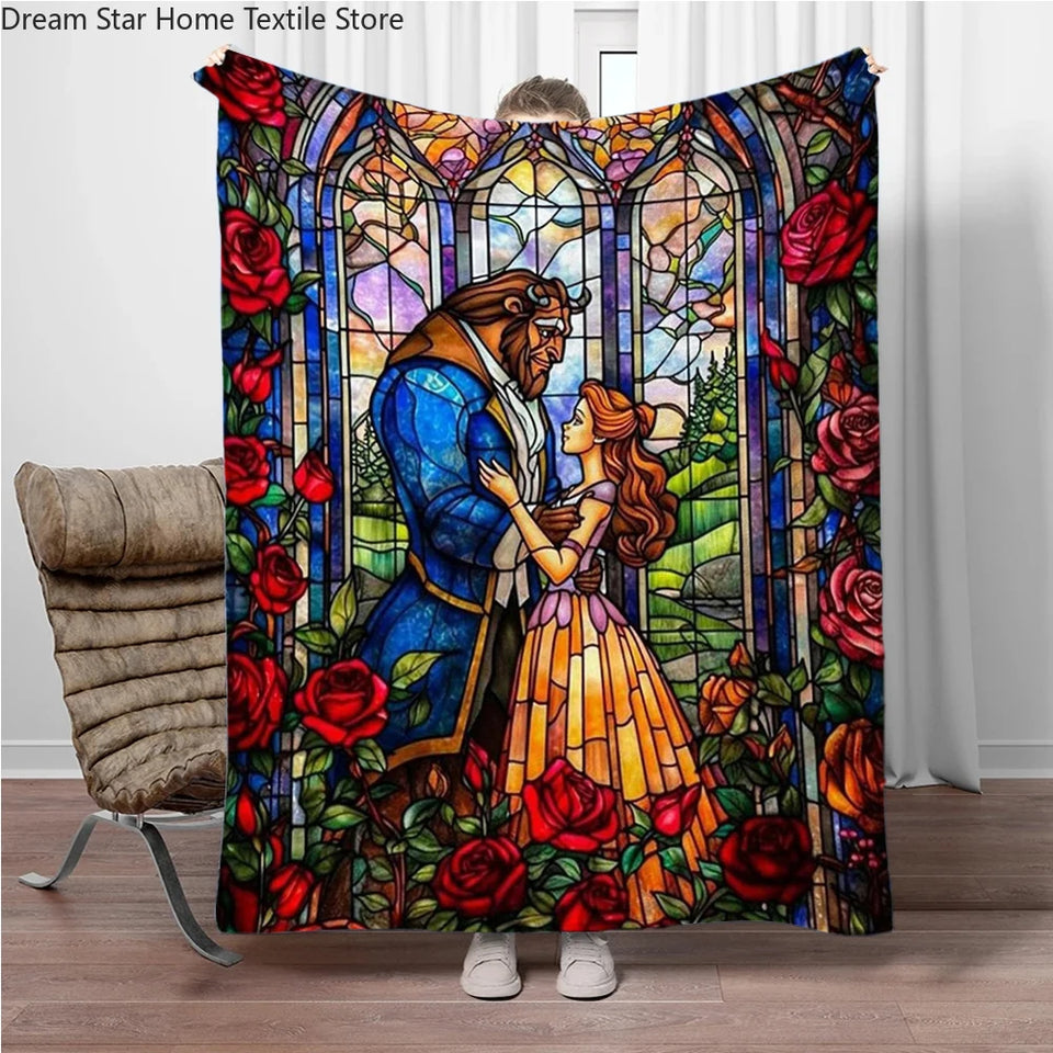 Beauty and the Beast Stained Glass Throw Blanket - Enchanted Rose & Library Fleece - Ultra-Soft Disney Wedding Gift - Belle & Prince Adam Romantic Bedroom Decor - Tale as Old as Time Reversible Couch Cover