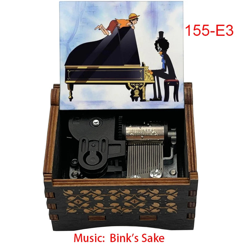 Anime Pirate Brook Wooden Music Box - Bink's Sake Engraved Hand-Crank Musical Toy - Retro Soul King Laser Etched Musicbox - Collectible Nostalgic Fan Gift for Birthday & Room Display