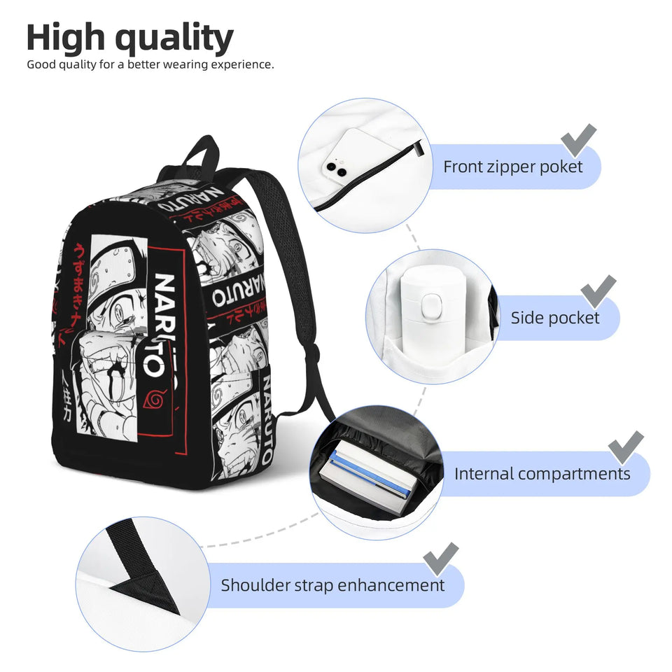 Anime Manga Panel Graphic School Backpack - Japanese Calligraphy Canvas Bookbag with Laptop Sleeve - Back to School Daypack & Travel Rucksack for Students & Anime Fans
