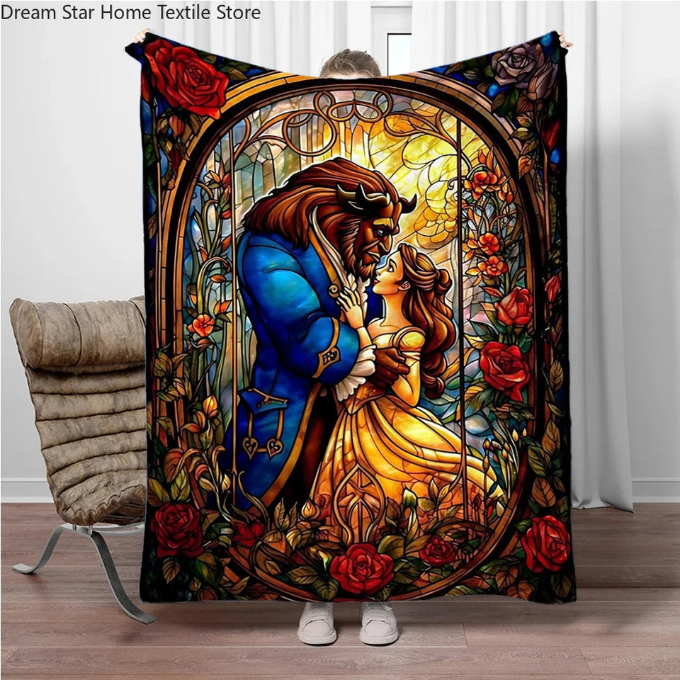 Beauty and the Beast Stained Glass Throw Blanket - Enchanted Rose & Library Fleece - Ultra-Soft Disney Wedding Gift - Belle & Prince Adam Romantic Bedroom Decor - Tale as Old as Time Reversible Couch Cover