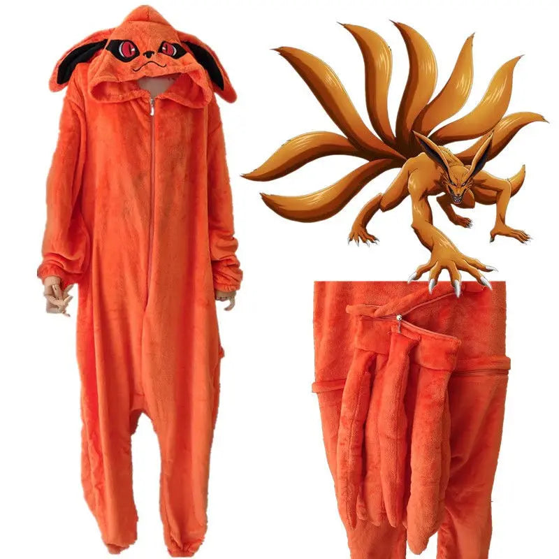 Anime Nine-Tails Fox Kigurumi Onesie - Premium Kurama Orange Flannel Pajamas - Cozy Soft Fleece Animal Jumpsuit Loungewear - Collectible Nostalgic Fan Gift for Cosplay, Halloween & Winter Bedding