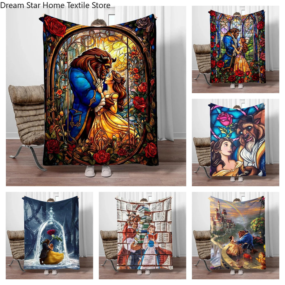 Beauty and the Beast Stained Glass Throw Blanket - Enchanted Rose & Library Fleece - Ultra-Soft Disney Wedding Gift - Belle & Prince Adam Romantic Bedroom Decor - Tale as Old as Time Reversible Couch Cover