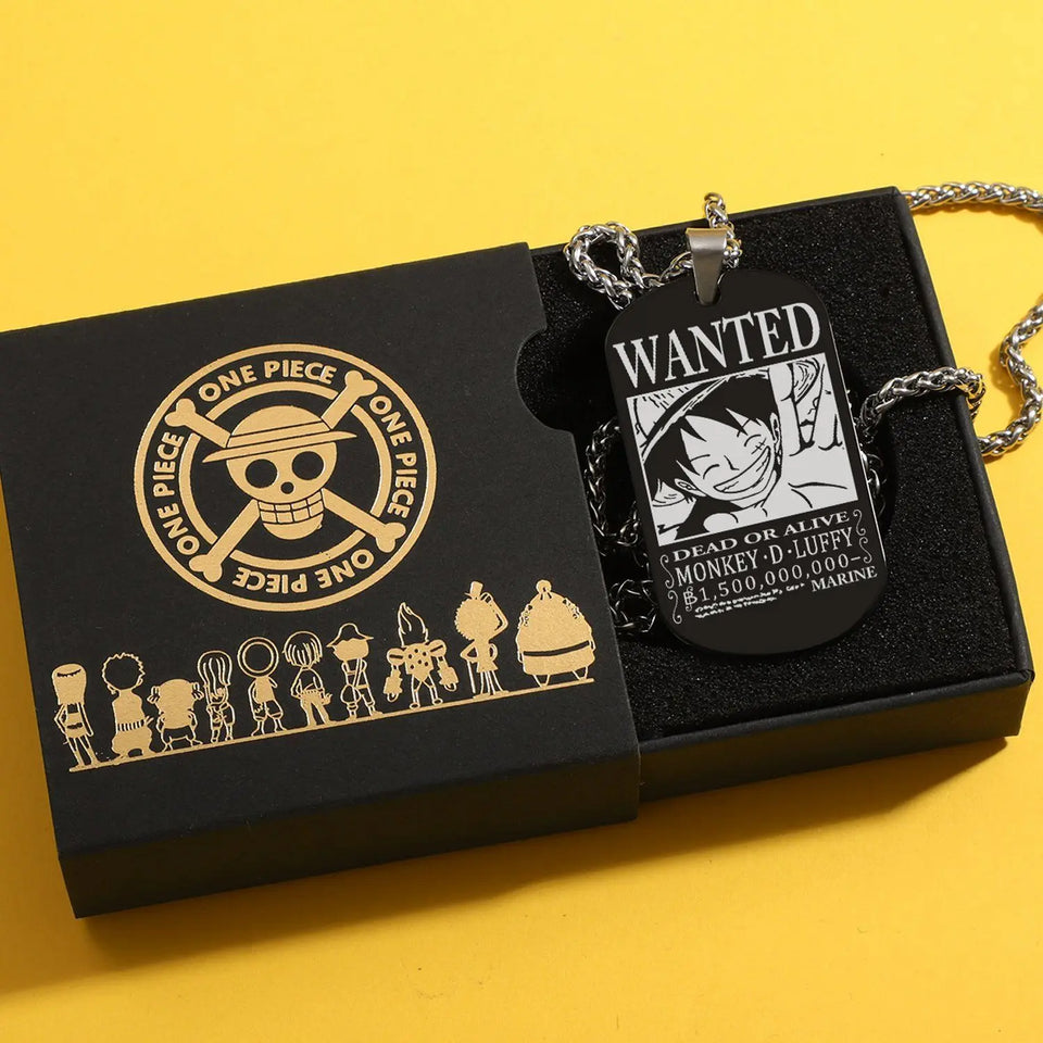 Anime Pirate Bounty Dog Tag Necklace - Vintage Monkey D Luffy Wanted Poster Pendant - Stainless Steel Braided Wheat Chain Jewelry - Nostalgic Manga Fan Gift with Premium Display Box