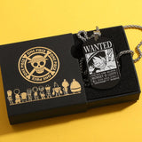 Anime Pirate Bounty Dog Tag Necklace - Vintage Monkey D Luffy Wanted Poster Pendant - Stainless Steel Braided Wheat Chain Jewelry - Nostalgic Manga Fan Gift with Premium Display Box