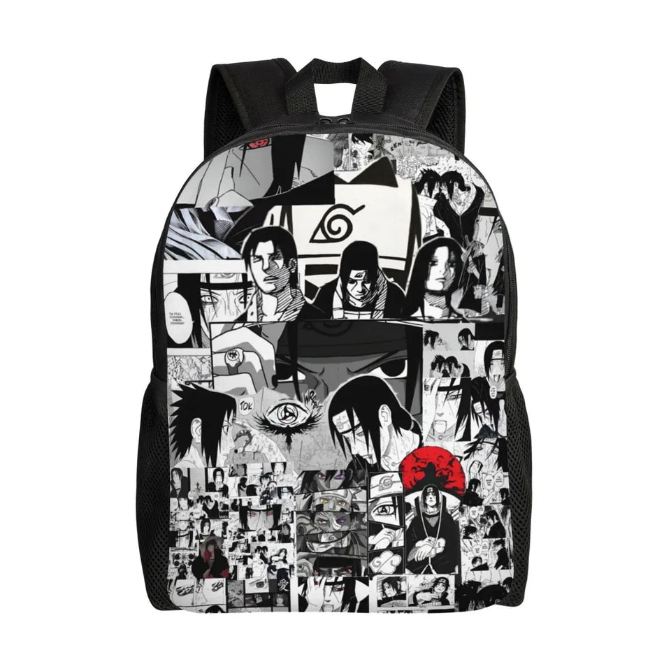 Itachi Uchiha Manga Collage Backpack - Anime Torn Graphic School Bookbag with Sharingan Eyes - Durable Canvas Laptop Daypack for Anime Fans, Students & Cosplay