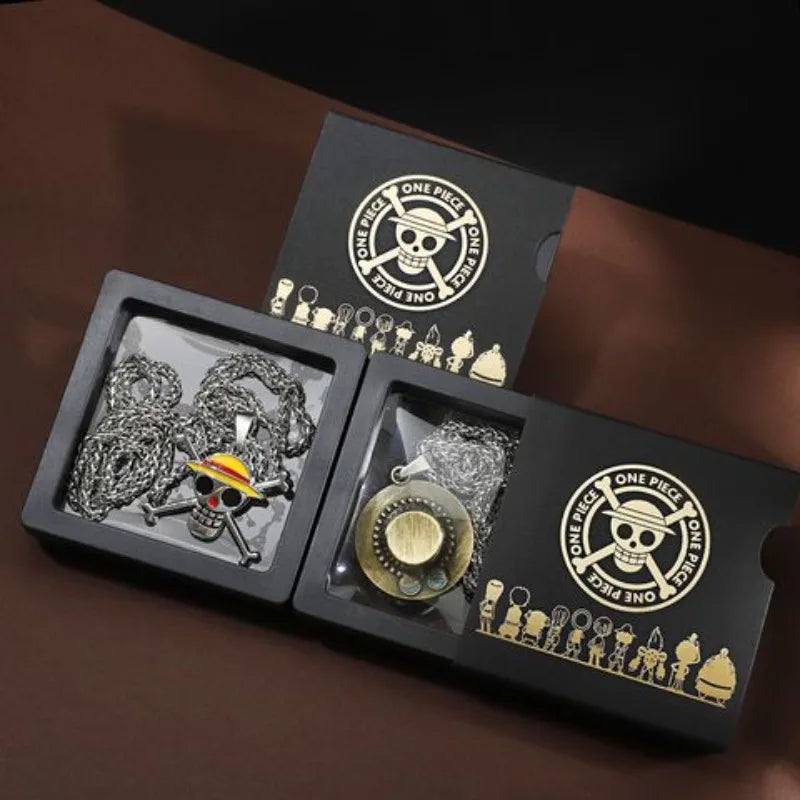 Anime Pirate Medallion Pendant Necklace Set - Vintage Straw Hat & Heart Jolly Roger Medals - Retro Blue Face Emblem Stainless Steel Chain Jewelry - Nostalgic Manga Fan Gift with Premium Display Box