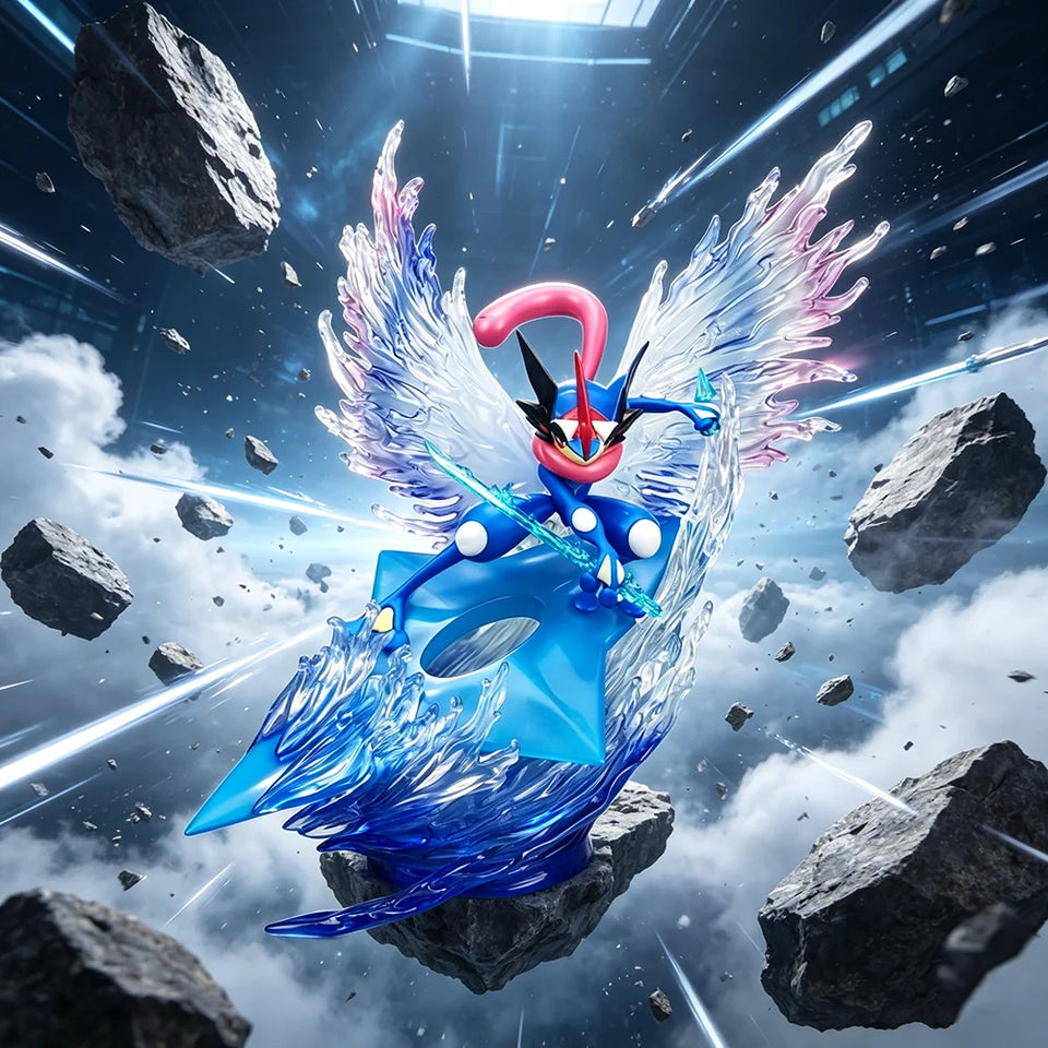 Pokémon Ash-Greninja Water Shuriken Diorama Statue - Dynamic Water & Crystal FX Action Figure - Collectible Anime Desk Statue & Gaming Setup Display - 23CM
