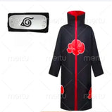 Akatsuki Uchiha Itachi Cloak Set - Naruto Cosplay Long Black Robe with Embroidered Red Clouds - Complete Ninja Outfit Costume with Headband, Ring & Accessories - Kids & Adults Halloween Carnival Cape