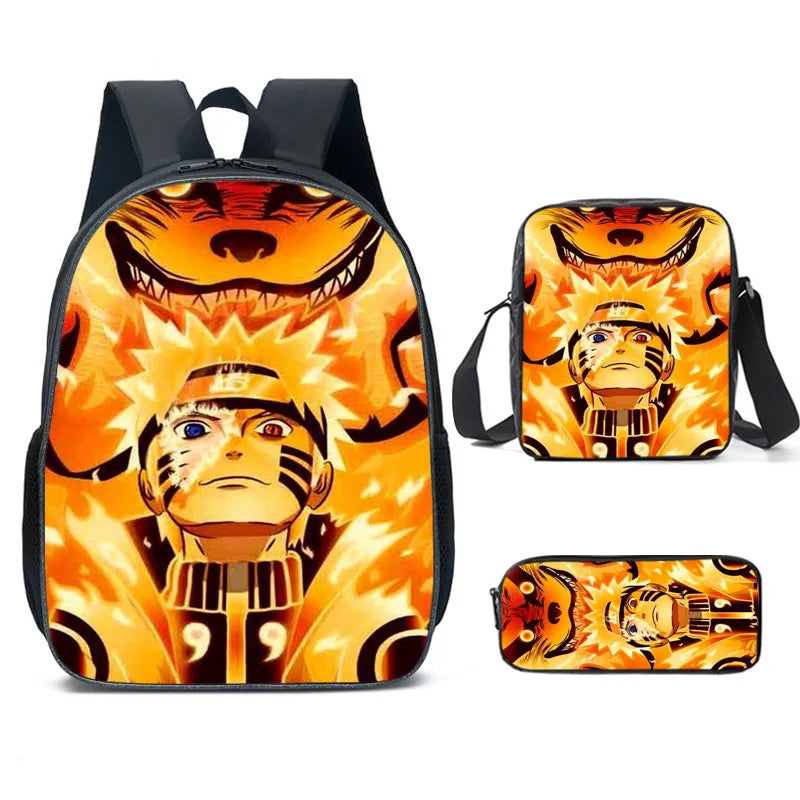 Naruto Tactical Ninja Graphic 3-Piece Backpack Set - Anime Laptop Bookbag with Matching Crossbody Lunch Bag & Pencil Case - 3-in-1 School Set for Students & Anime Fans
