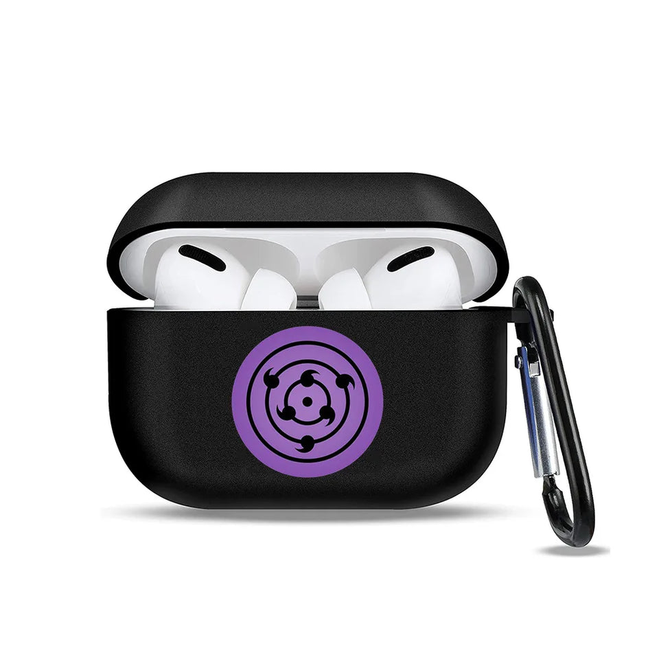 Anime Ninja Protective Silicone Case Cover for AirPods Pro / 1 & 2 / 3 - Shockproof Earphone Case with Carabiner Clip Featuring Akatsuki Cloud, Uchiha Crest & Rinnegan Seals - Gift for Anime Fans & Gamers