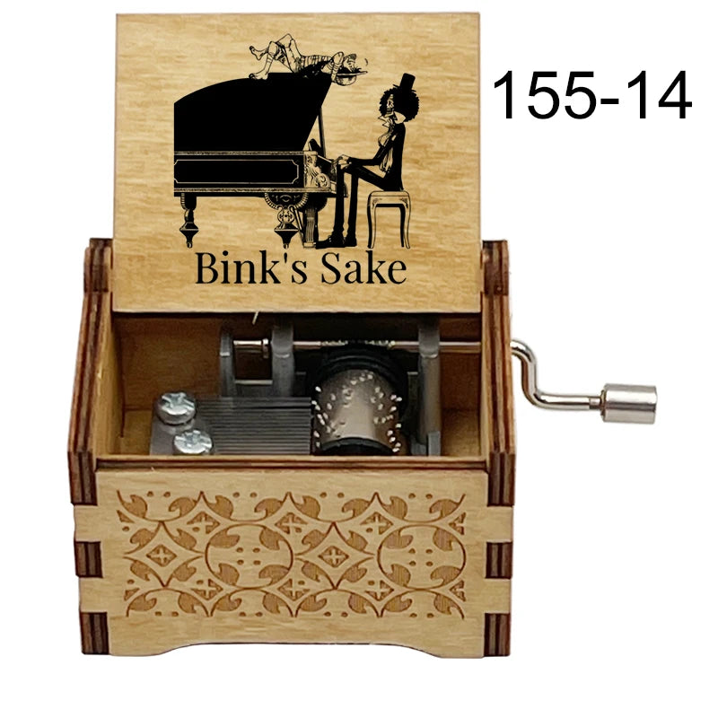 Anime Pirate Brook Wooden Music Box - Bink's Sake Engraved Hand-Crank Musical Toy - Retro Soul King Laser Etched Musicbox - Collectible Nostalgic Fan Gift for Birthday & Room Display