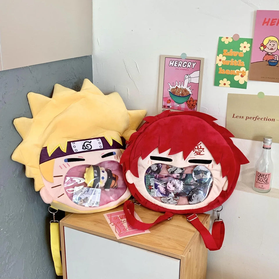 Anime Plush Ita Bag Crossbody Shoulder Bag - Clear Display Window Plushie Purse for Enamel Pins & Keychains Featuring Gaara & Sasuke - Aesthetic Ita Bag for Conventions, Cosplay & Anime Fans