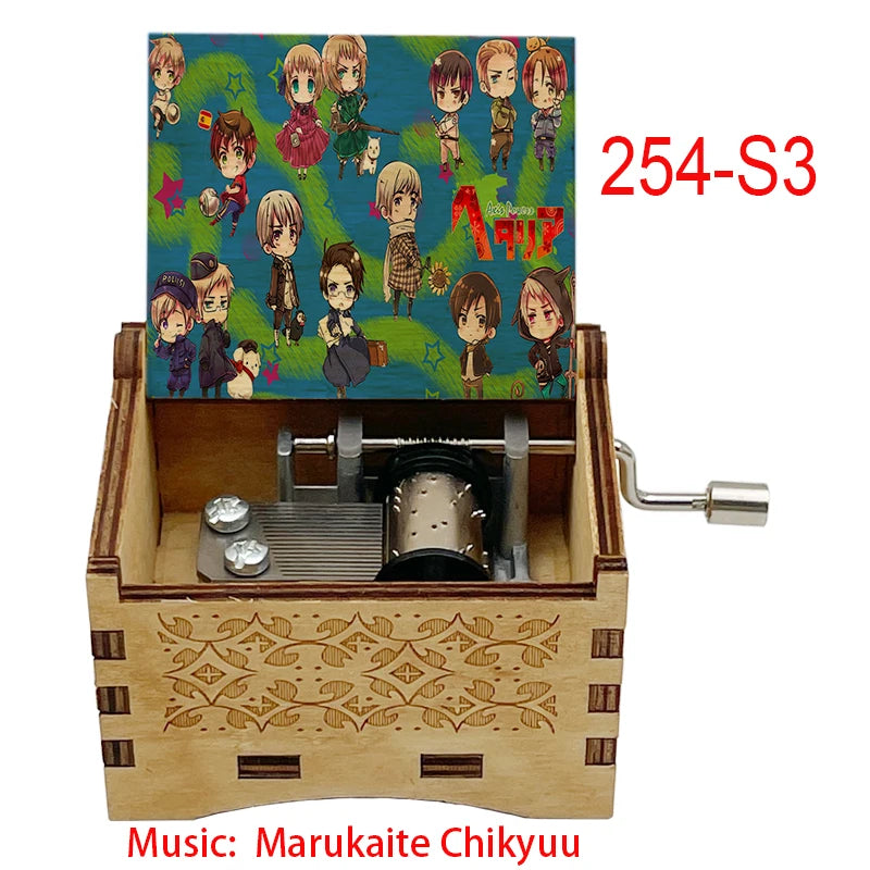 Anime Axis Powers Wooden Music Box - Vintage Hand-Crank Engraved Wooden Musical Toy - Retro Axis & Allies Character Art Print Musicbox - Collectible Nostalgic Fan Gift for Birthday & Room Display