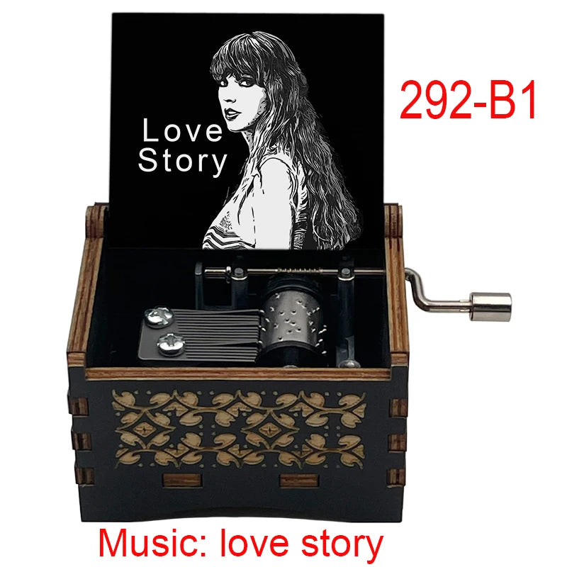 "Love Story" Hand-Crank Wooden Music Box - Taylor Swift Inspired Fan Souvenir - Laser-Engraved Portrait & Classic Lyric Motif - Premium Musical Keepsake Gift