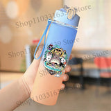 Cute Anime Forest Spirit Water Bottle - Premium Frosted Pastel Gradient Leakproof Drinkware - Kawaii Fantastic Creatures Flip-Top Sport Flask with Strap - Aesthetic Manga Fan Gift for School, Gym & Travel