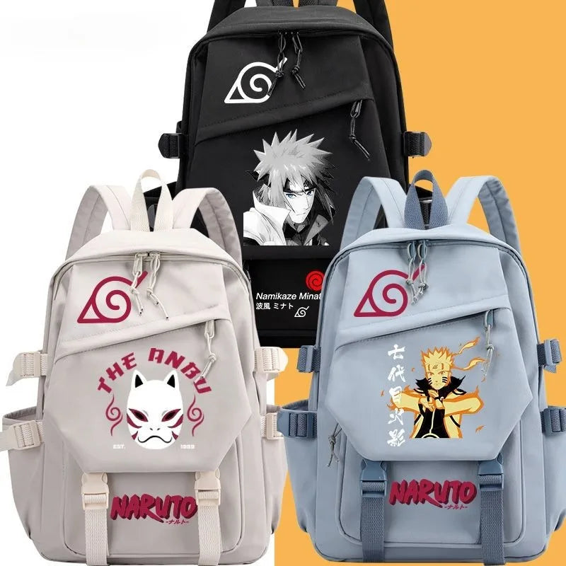 Anime Tactical Buckle Canvas Backpack - Leaf Village & Anbu Mask Graphic School Bookbag with Laptop Sleeve - Aesthetic Multi-Pocket Travel Rucksack for Students & Anime Fans