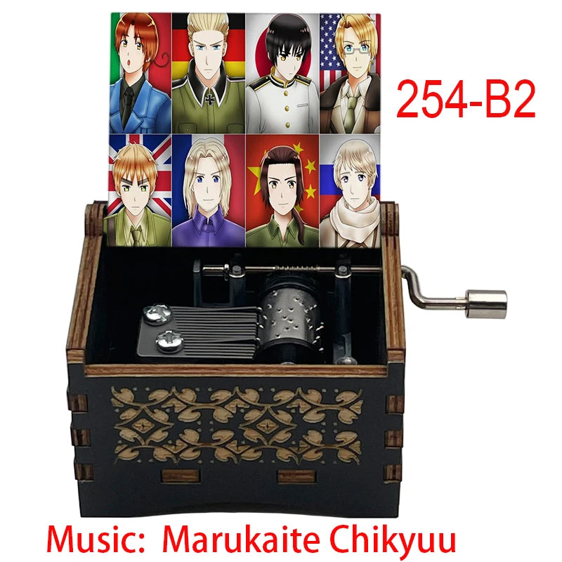 Anime Axis Powers Wooden Music Box - Vintage Hand-Crank Engraved Wooden Musical Toy - Retro Axis & Allies Character Art Print Musicbox - Collectible Nostalgic Fan Gift for Birthday & Room Display