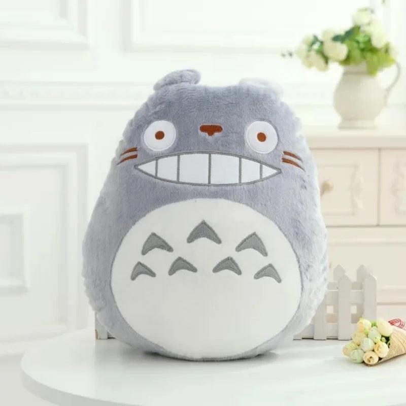 Cute Anime Forest Spirit Plush Cushion - Kawaii Magical Grey & Blue Spirit Pillow - Retro Black Cat Stuffed Animal Doll - Nostalgic Manga Fan Gift for Bed, Couch & Gaming Room Decor