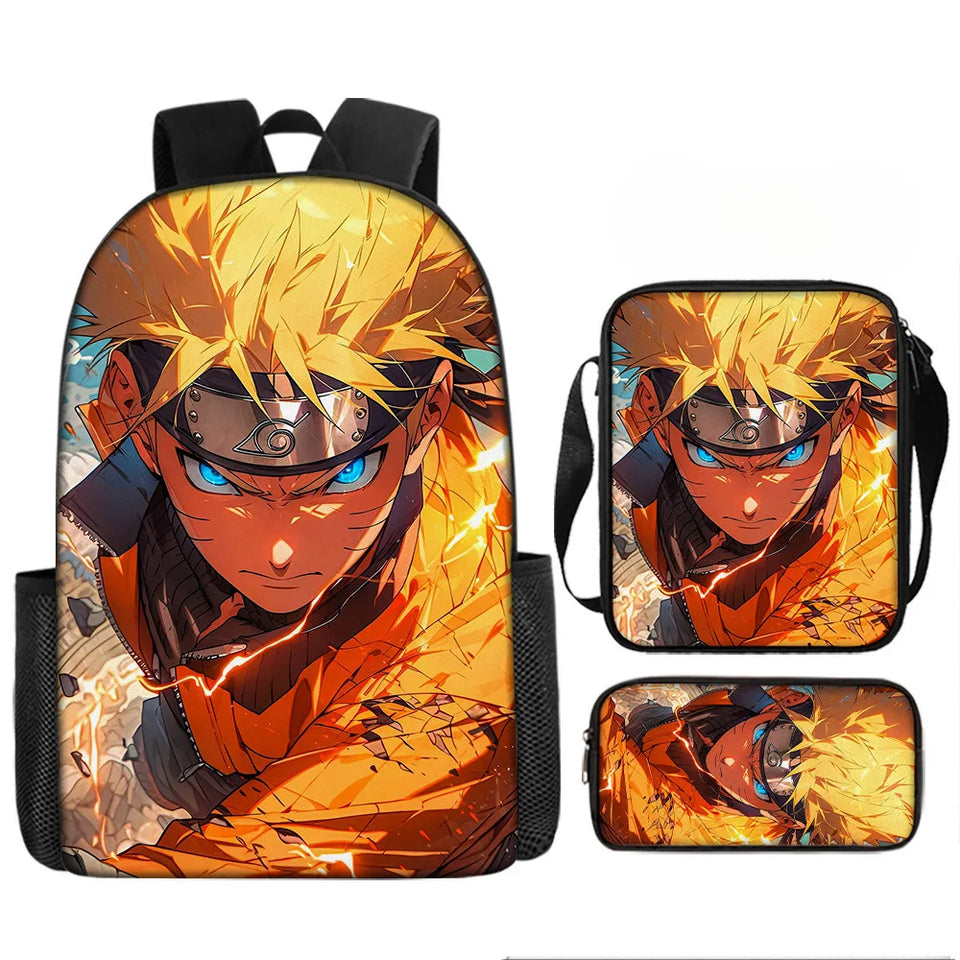 Naruto Tactical Ninja Graphic 3-Piece Backpack Set - Anime Laptop Bookbag with Matching Crossbody Lunch Bag & Pencil Case - 3-in-1 School Set for Students & Anime Fans